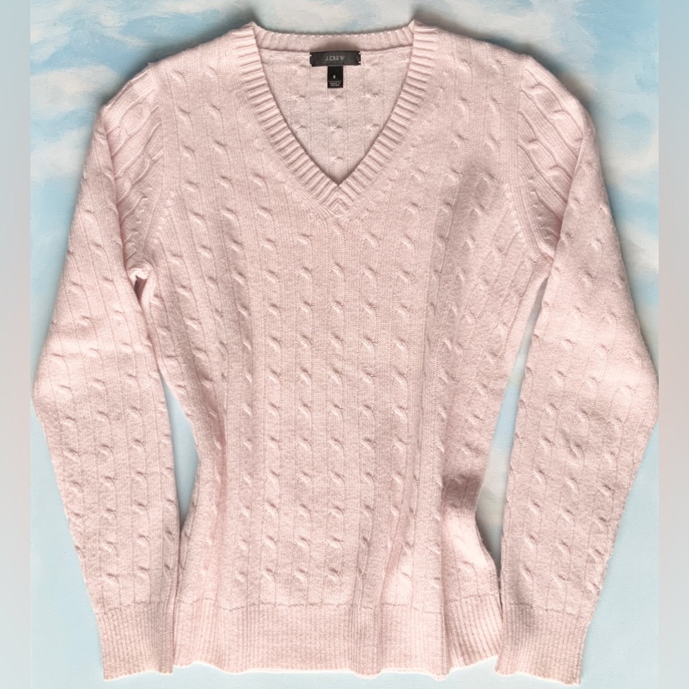 J. Crew Soft Pink Merino Wool Cable Knit V Neck Sweater S
